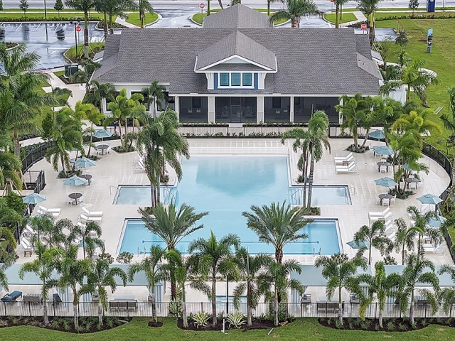 Aerial view of the Wylder Port St. Lucie clubhouse and resort pool