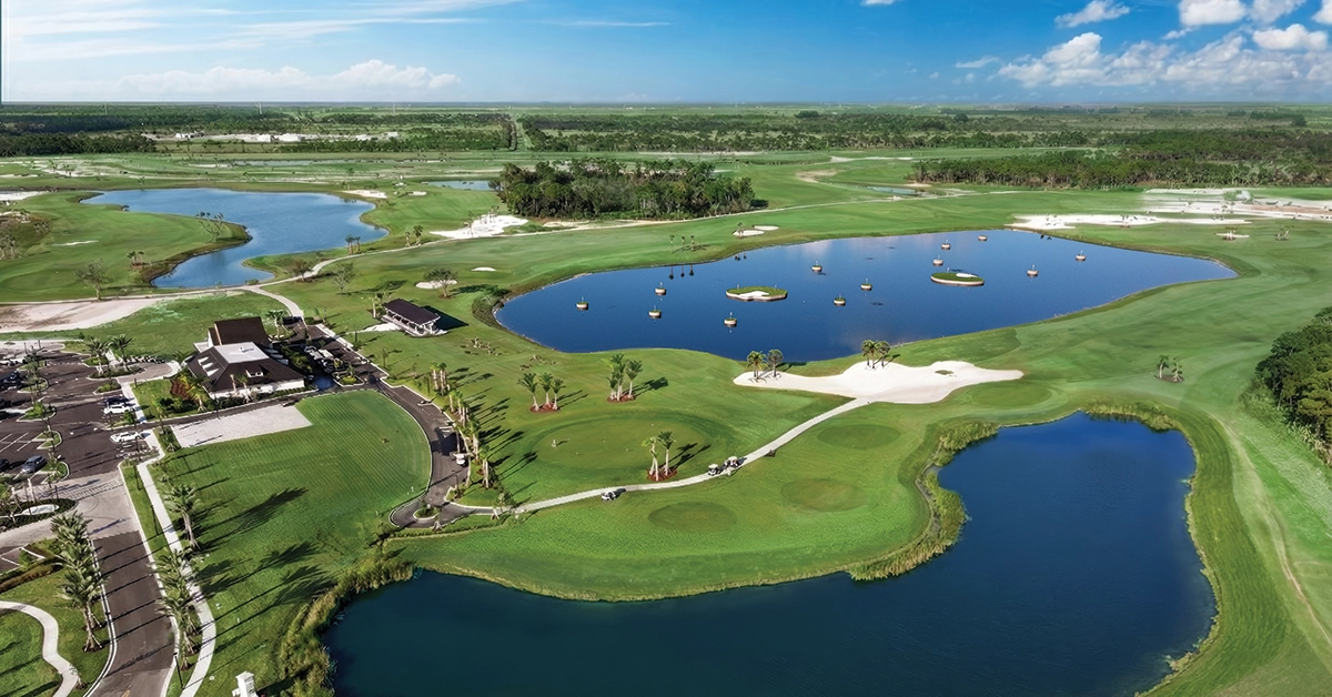 Aerial view of golf course and water features at Glynlea Country Club
