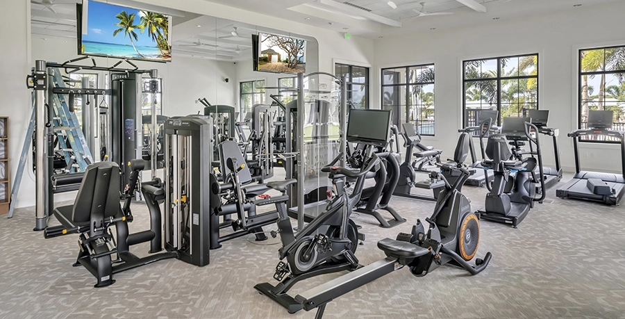 Fitness center with exercise machines.