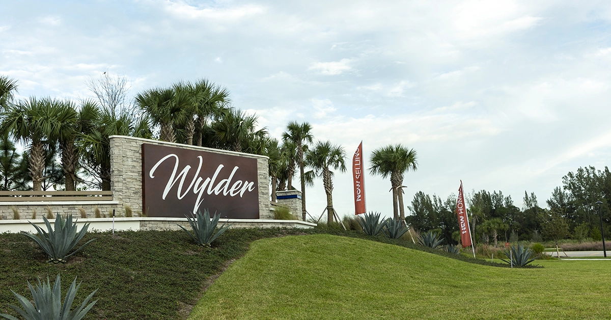 Wylder community entrance monument with landscaping