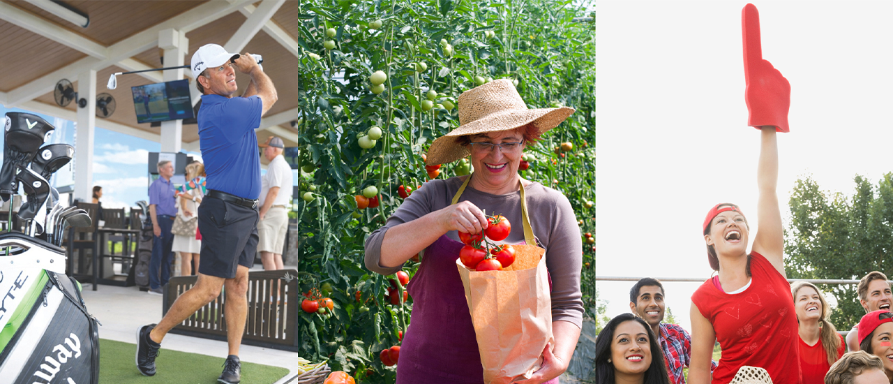 Golfer swinging, woman picking tomatoes, and fans cheering with foam finger.
