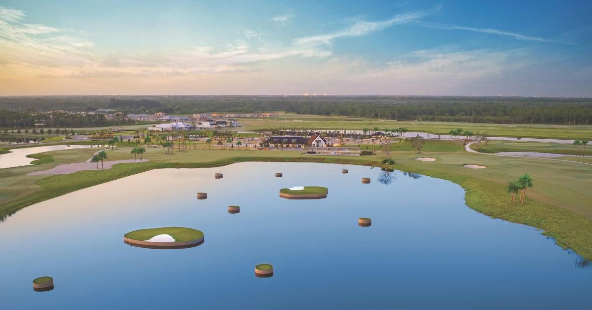 Aerial golf course with water and circular island greens.