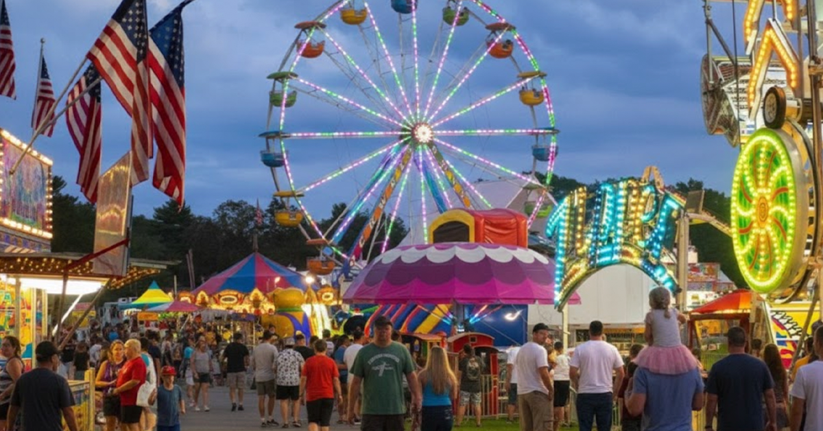 Ferris wheel and carnival rides at county fair at dusk.