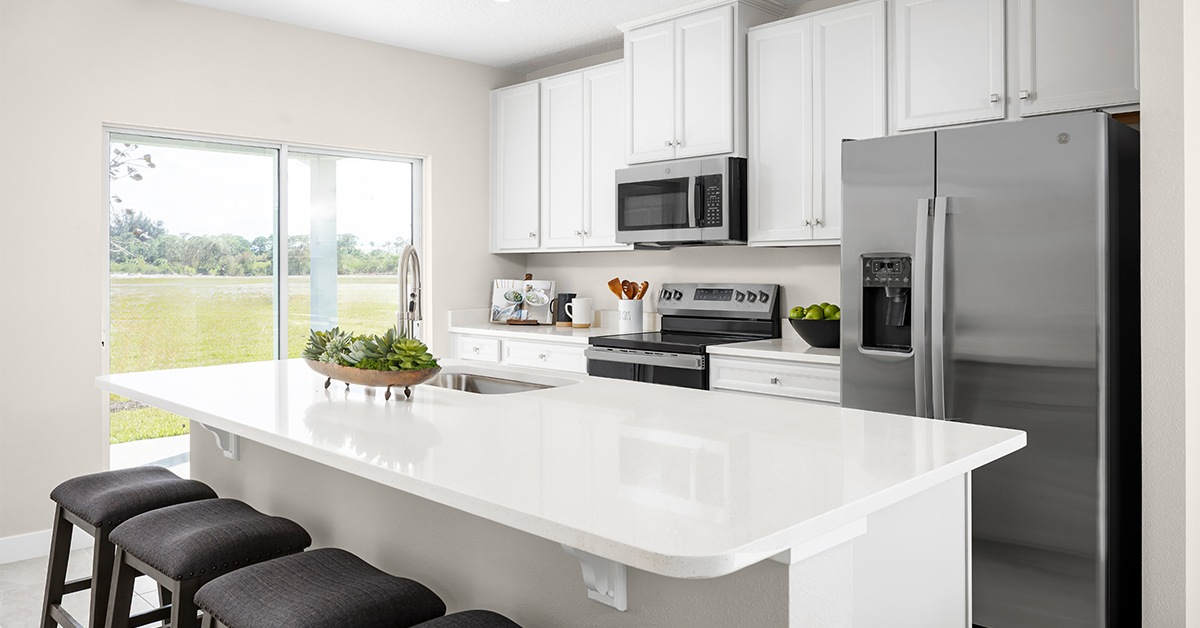 Modern kitchen with white cabinets, island seating, and stainless appliances