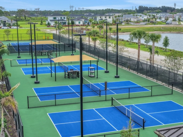 Aerial view of blue and green pickleball and tennis courts enclosed by fencing, next to a lake and neighborhood homes.