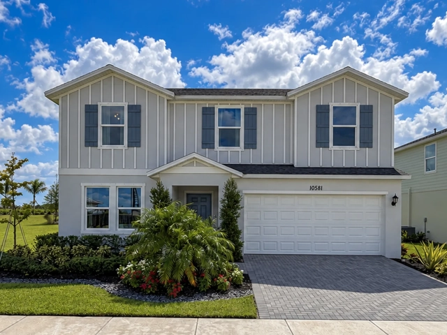 Two-story home with light gray board-and-batten siding, blue window shutters, a two-car garage, and a paver driveway.