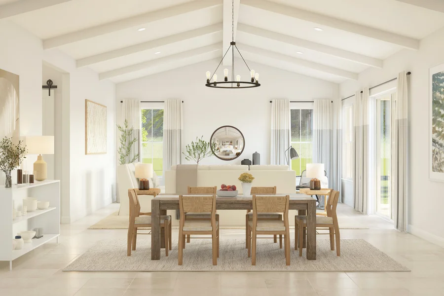 Rendering of a dining area with a wood table, woven-back chairs, and a round chandelier, shown in a coastal farmhouse design palette.
