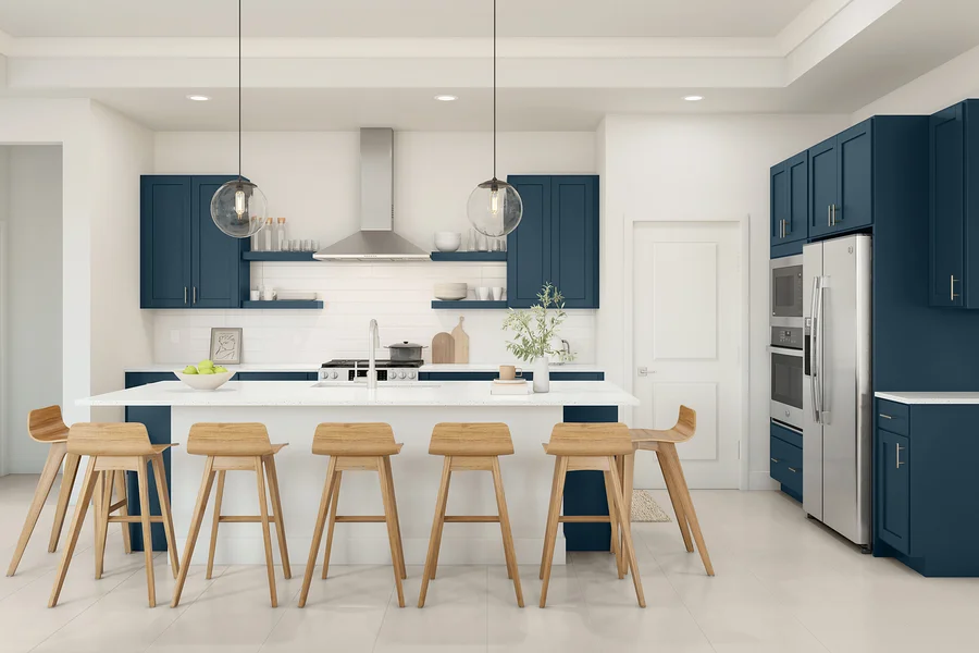 Rendering of a kitchen with navy blue cabinets, glass globe pendant lights, and a stainless steel refrigerator, shown in a neutral loft design palette.
