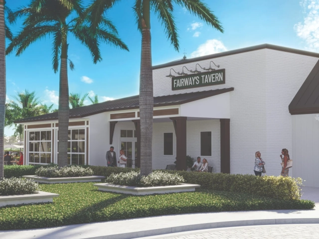 Rendering of a white brick tavern building with a covered porch, a sign reading Fairway's Tavern, and palm trees along the entrance walkway.