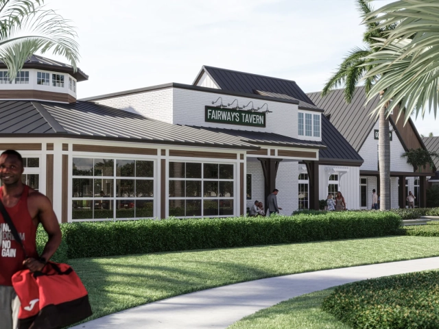 Rendering of a white brick tavern building with a cupola roof detail, a Fairway's Tavern sign, and people gathered outside near palm trees.