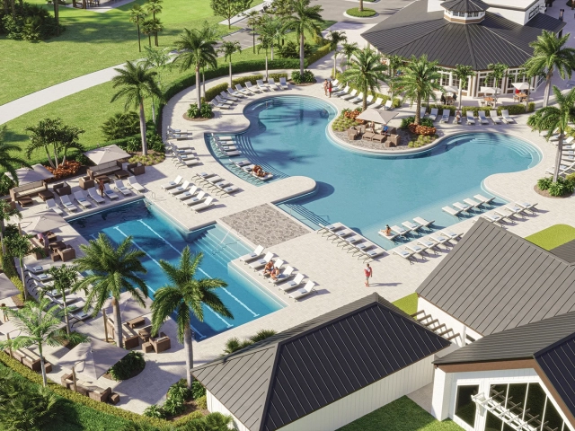 Aerial rendering of a rectangular lap pool beside a curved lounge pool, surrounded by lounge chairs, palm trees, and a clubhouse building.
