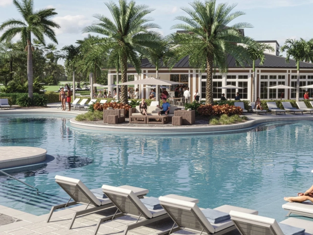Rendering of a resort-style pool with lounge chairs, a shaded seating island, and a poolside cafe building surrounded by palm trees.