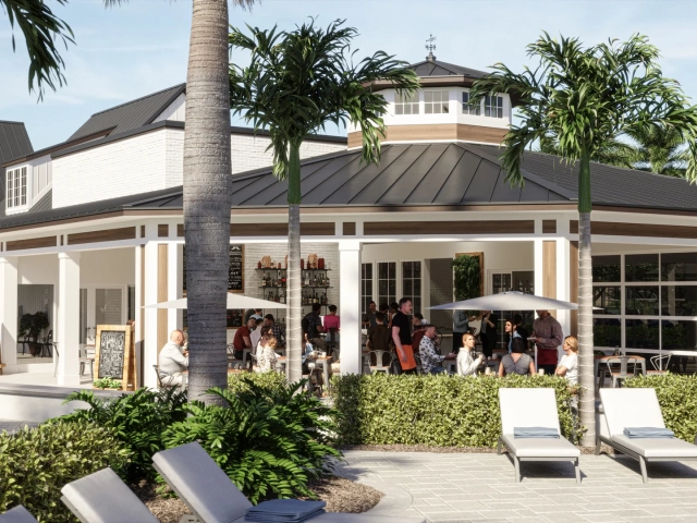 Rendering of a covered outdoor bar and dining patio with a stocked bar, tables, and umbrellas beside a swimming pool.