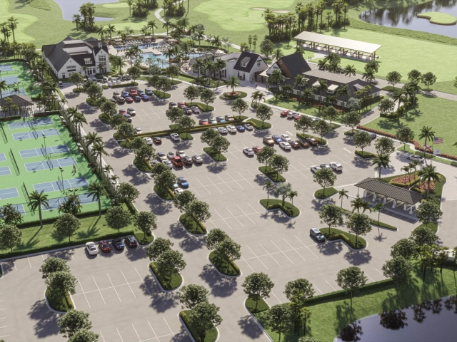 Aerial rendering of an amenity campus with tennis courts, a pool, several white clubhouse buildings, a parking lot, and a golf course.