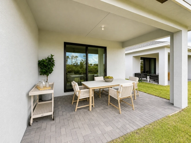 Covered patio with a light wood outdoor dining table, four woven chairs, and a wooden bar cart with glassware.