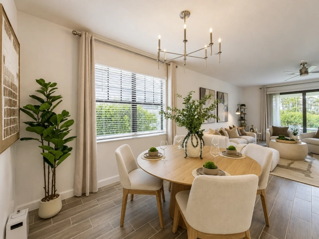 Dining room with a round wood table, cream upholstered chairs, and a candle-style chandelier, opening into a living room.