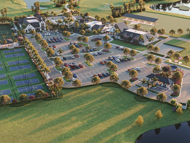 Wide aerial rendering of a golf resort amenity campus with tennis courts, a clubhouse complex, a parking lot, golf carts, and a golf course.