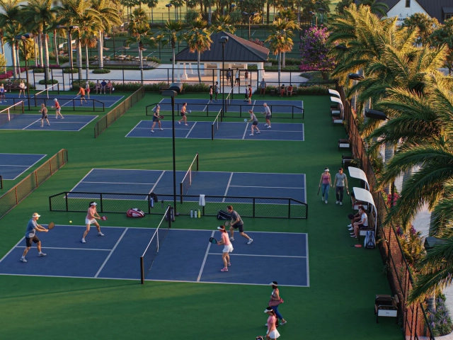 Aerial rendering at golden hour of multiple pickleball and tennis courts with players, palm trees, a lake, and a covered pavilion.