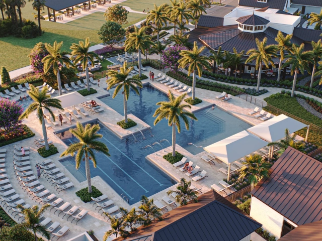 Aerial rendering at golden hour of a resort pool complex with a lap pool, curved leisure pool, lounge chairs, and a clubhouse building.