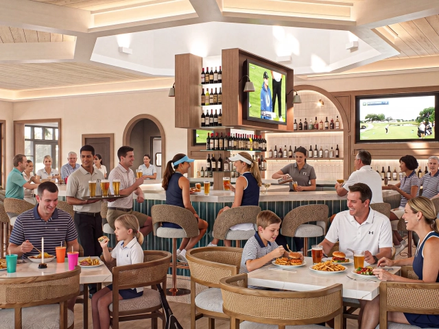 Rendering of a restaurant bar with mounted TVs showing golf, guests seated on stools, and families dining at nearby tables.