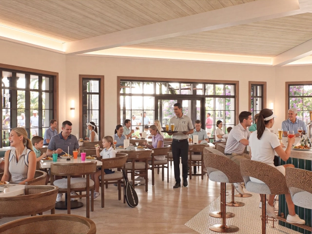 Rendering of a restaurant dining room with families eating at tables, a bar area, and golfers visible through windows outside.
