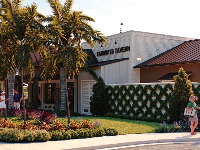 Rendering of guests standing outside a restaurant labeled Fairways Tavern, one pair chatting near the entrance and two carrying tote bags.