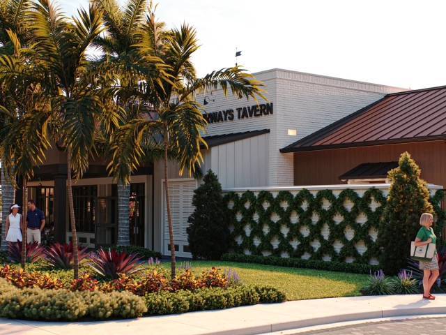 Rendering of guests standing and talking outside a restaurant labeled Fairways Tavern, with palm trees and a covered patio.