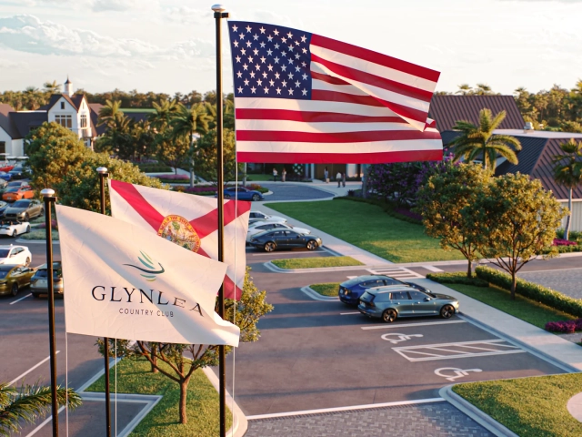 Rendering of American, Florida, and Glynlea Country Club flags flying above a parking lot and clubhouse entry drive.