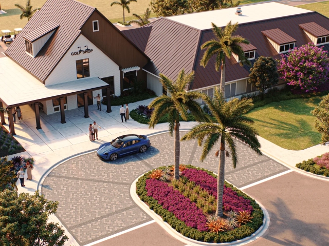 Aerial rendering at golden hour of a Golf Shop and clubhouse building complex, with golf carts, flowering trees, and a covered porch.