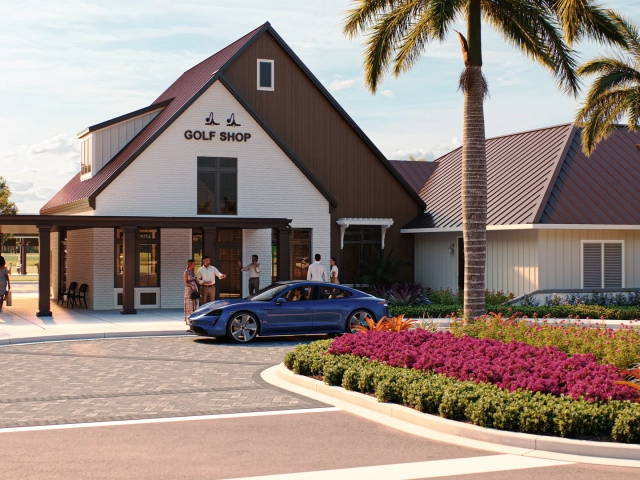 Rendering of a white brick Golf Shop building with a covered entrance, guests standing outside next to a blue sports car and palm trees.