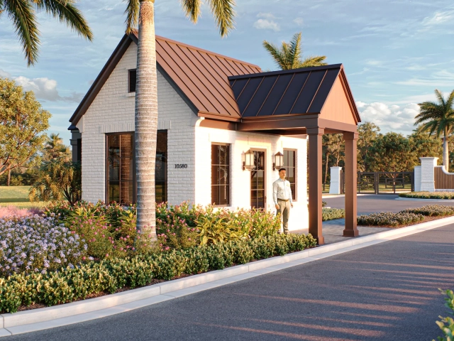 Rendering of a white brick guardhouse with a covered porte-cochere, an attendant standing outside, next to a gated community entrance.