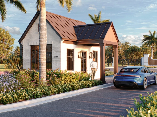 Rendering of a blue car arriving at a white brick guardhouse at sunset, with palm trees and a gated community entrance.