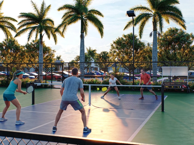 Rendering of four people playing a doubles pickleball match at sunset, with palm trees and cars in a parking lot nearby.