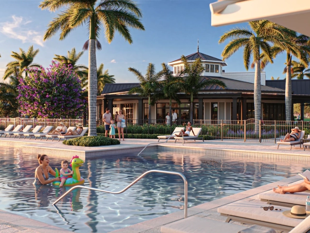 Rendering of a mother and child playing with a dinosaur pool float in a resort pool, with guests relaxing on lounge chairs and a clubhouse behind.