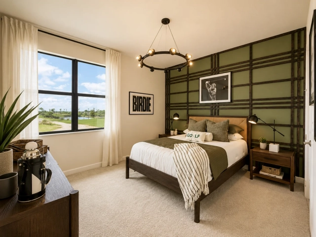 Bedroom with a green woven accent wall, golf-themed art, a bed with olive bedding, and a window overlooking a golf course.