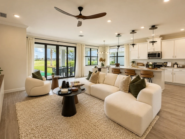 Living room with a cream sectional sofa and olive pillows, opening into a white kitchen with wood barstools and pendant lighting.
