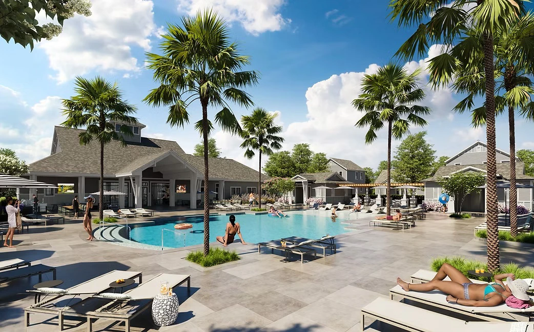 Rendering of a resort-style pool with lounge chairs, palm trees, and a covered clubhouse pavilion at Abrazo at Wylder.