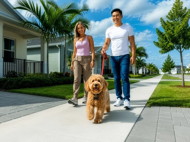 AI-generated image of a couple walking a golden doodle dog on a neighborhood sidewalk lined with palm trees and homes.
