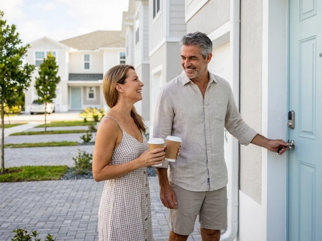 AI-generated image of a couple holding coffee cups smiling at a light blue front door in a residential neighborhood.