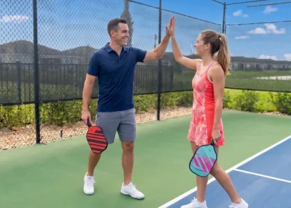 Two pickleball players high-five on a vibrant outdoor court surrounded by lush landscaping and blue skies at a resort-style community.