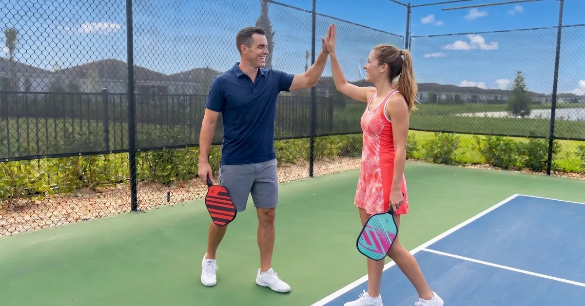 Two pickleball players high-five on a vibrant outdoor court surrounded by lush landscaping and blue skies at a resort-style community.