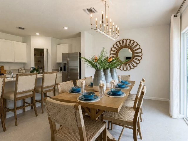 Long wood dining table set with blue and white dinnerware and woven chairs, beneath a candelabra chandelier and a round rattan mirror.