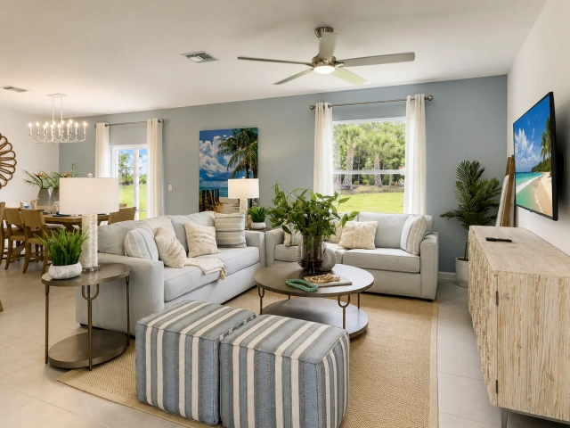 Living room with two light gray loveseats, a blue accent wall, beach-themed art, and a wall-mounted TV.
