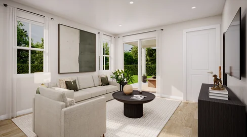 Rendering of a living room with a beige sofa and armchair, round black coffee table, large green abstract art and a sliding door to a covered patio